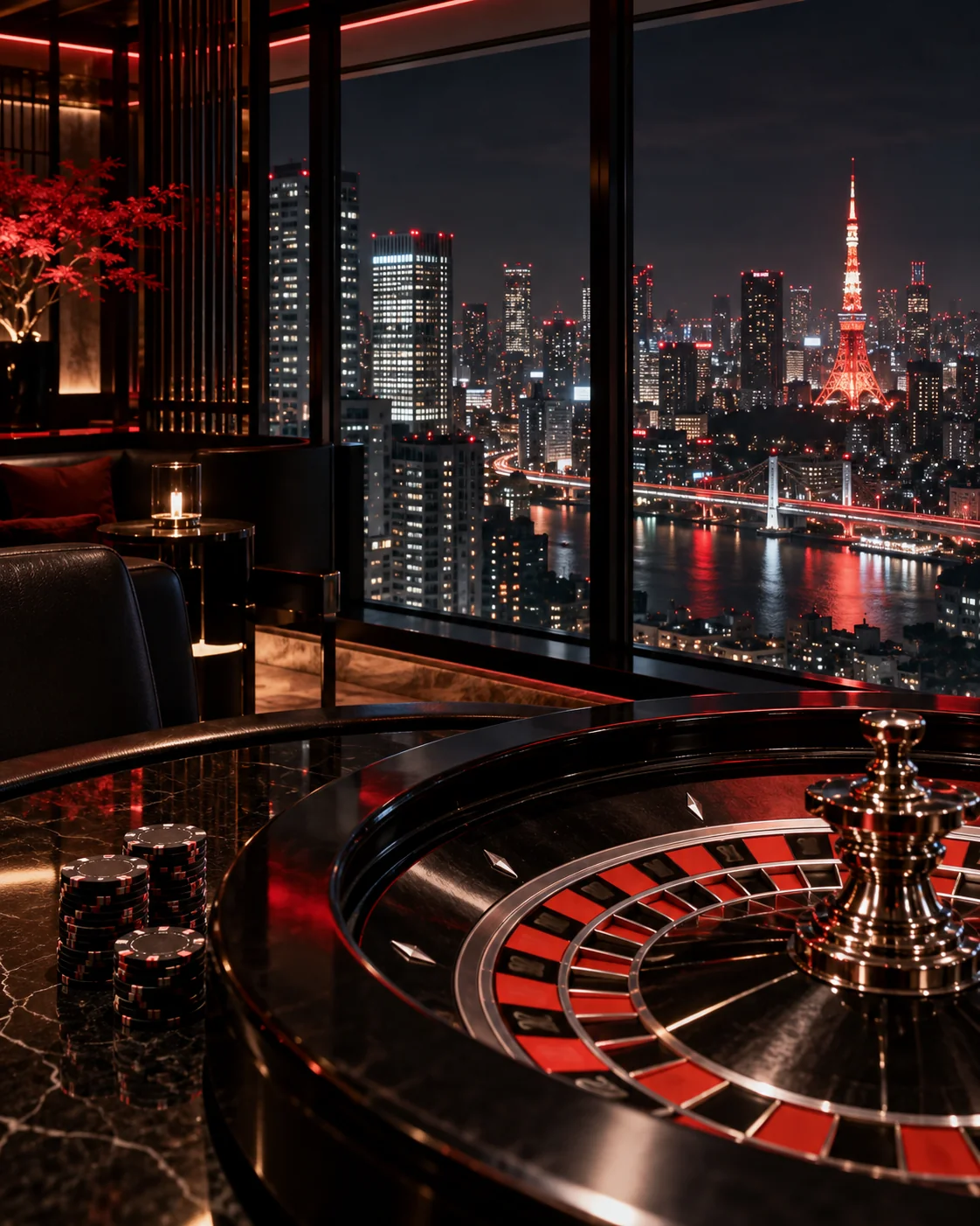 Kırmızı ışıklarla aydınlanan temsili casino iç mekânı ve Tokyo gece manzarası